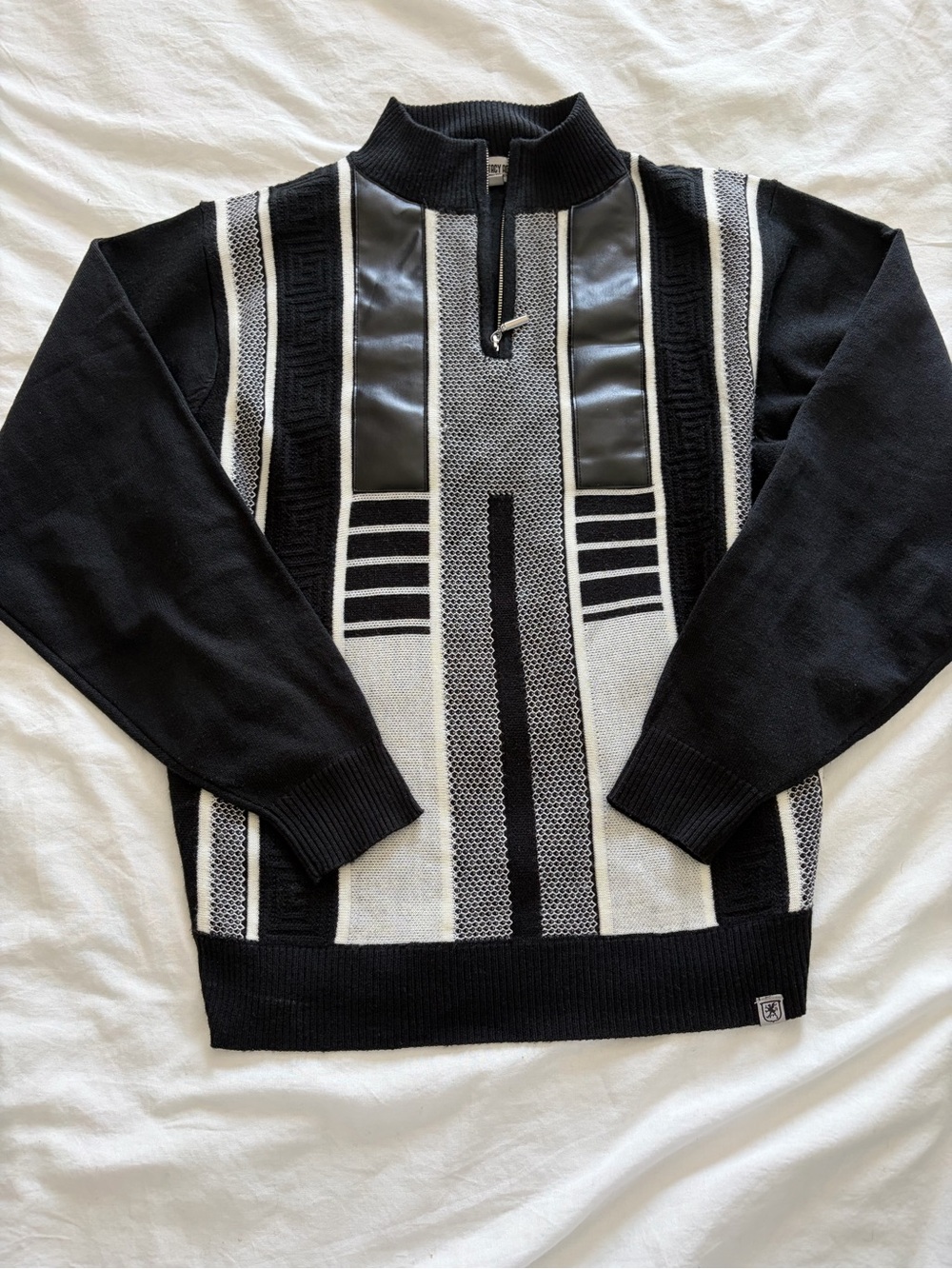 Stacy Adams Men’s Black & White Quarter-Zip Geometric Knit Sweater Large